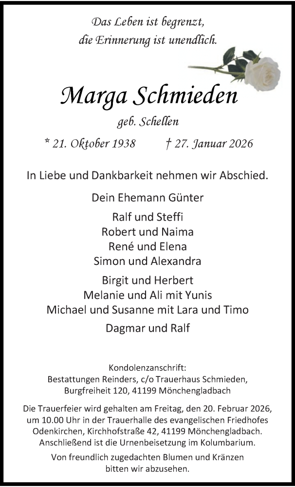  Traueranzeige für Marga Schmieden vom 08.02.2026 aus trauer.panorama-anzeigenblatt.de