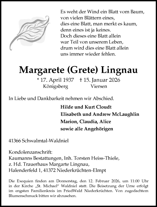 Traueranzeige von Margarete Lingnau von trauer.panorama-anzeigenblatt.de