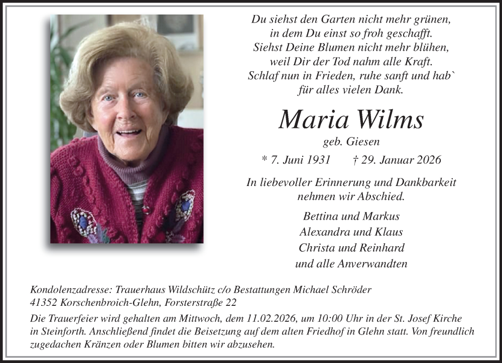 Traueranzeige für Maria Wilms vom 08.02.2026 aus trauer.panorama-anzeigenblatt.de