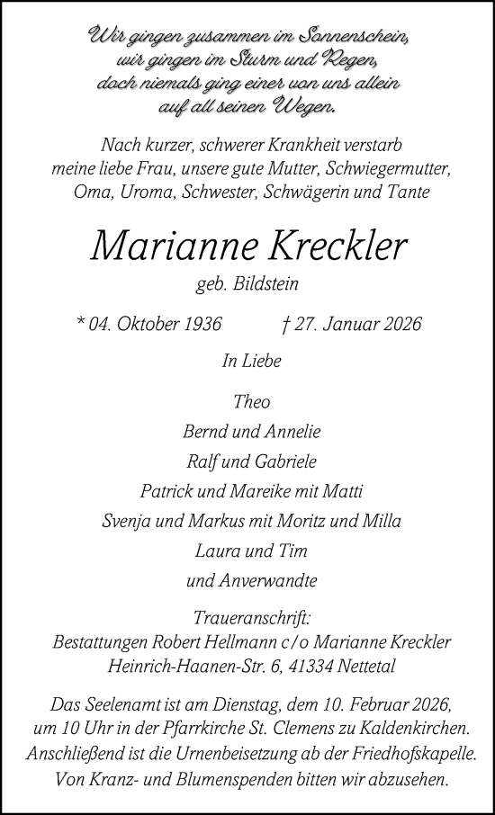 Traueranzeige von Marianne Kreckler von trauer.panorama-anzeigenblatt.de