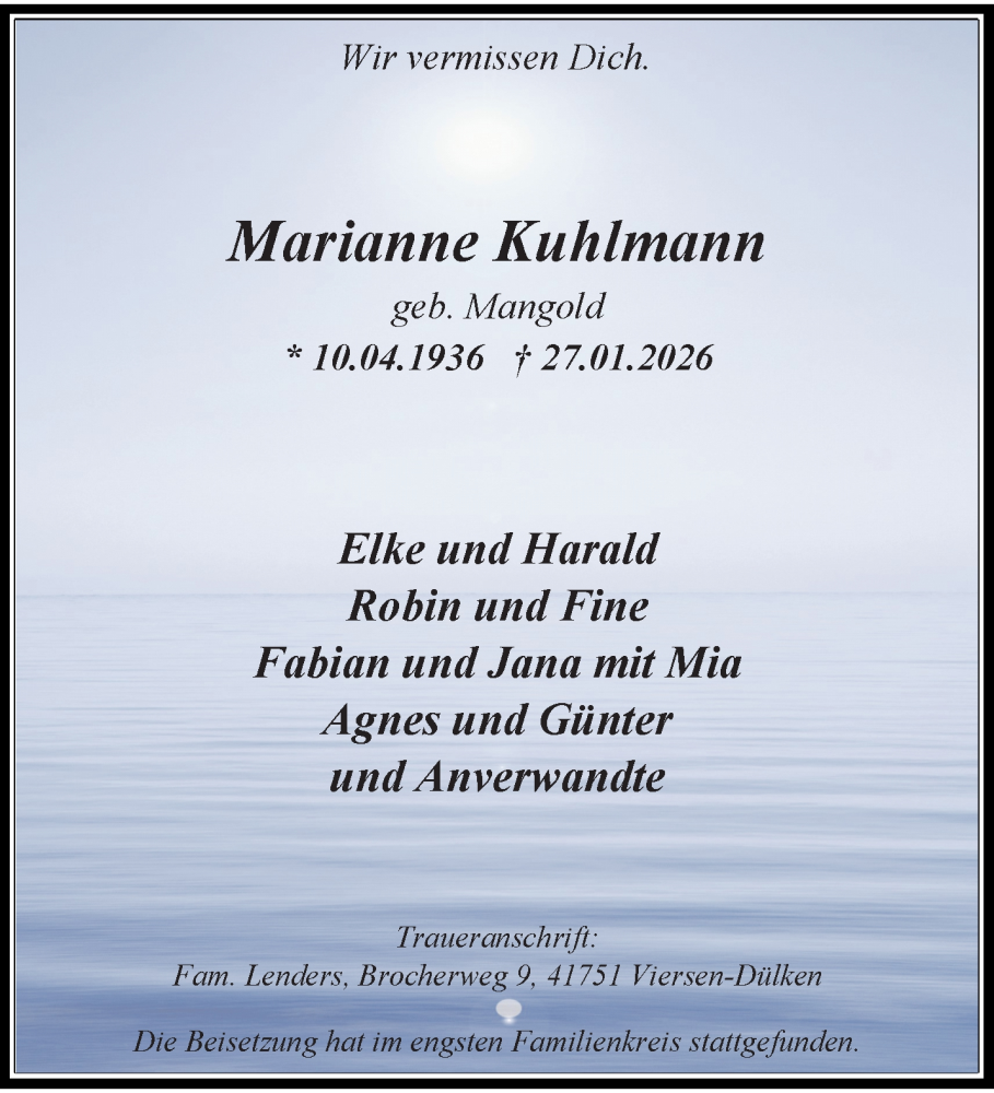  Traueranzeige für Marianne Kuhlmann vom 15.02.2026 aus trauer.panorama-anzeigenblatt.de