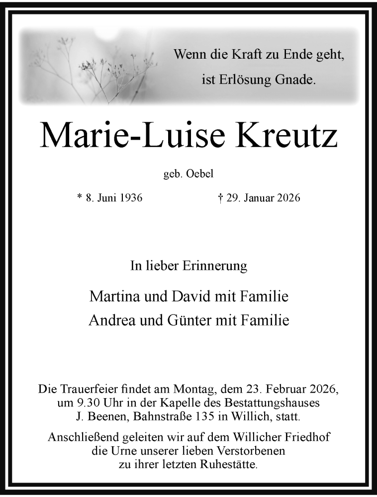  Traueranzeige für Marie-Luise Kreutz vom 15.02.2026 aus trauer.panorama-anzeigenblatt.de