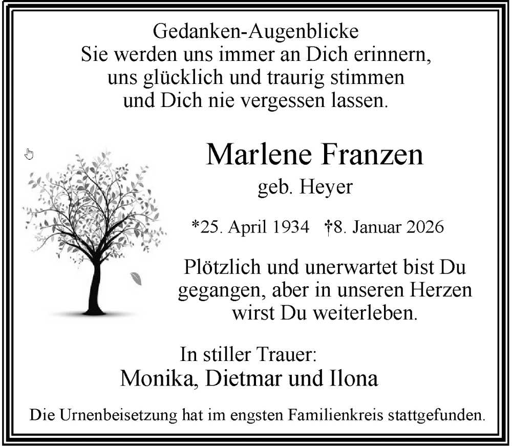  Traueranzeige für Marlene Franzen vom 08.02.2026 aus trauer.panorama-anzeigenblatt.de