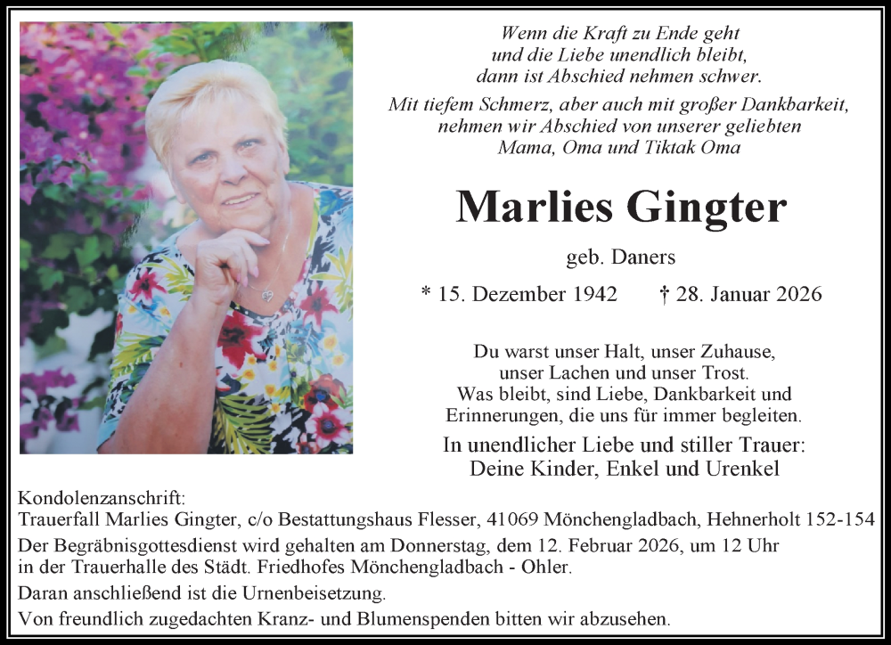  Traueranzeige für Marlies Gingter vom 08.02.2026 aus trauer.panorama-anzeigenblatt.de