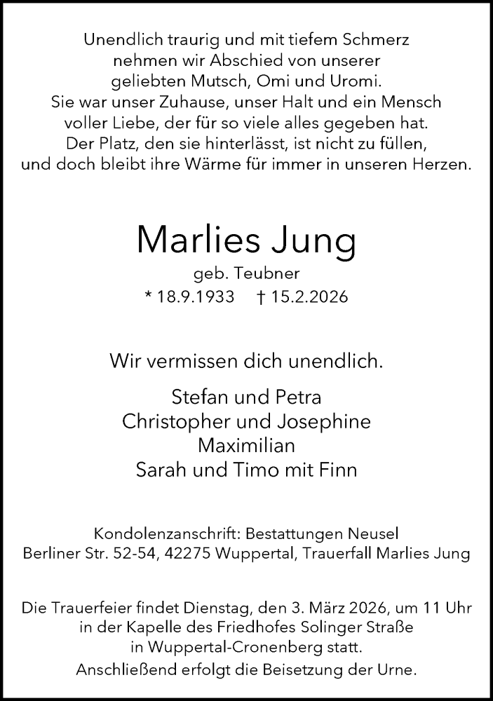  Traueranzeige für Marlies Jung vom 21.02.2026 aus trauer.wuppertaler-rundschau.de