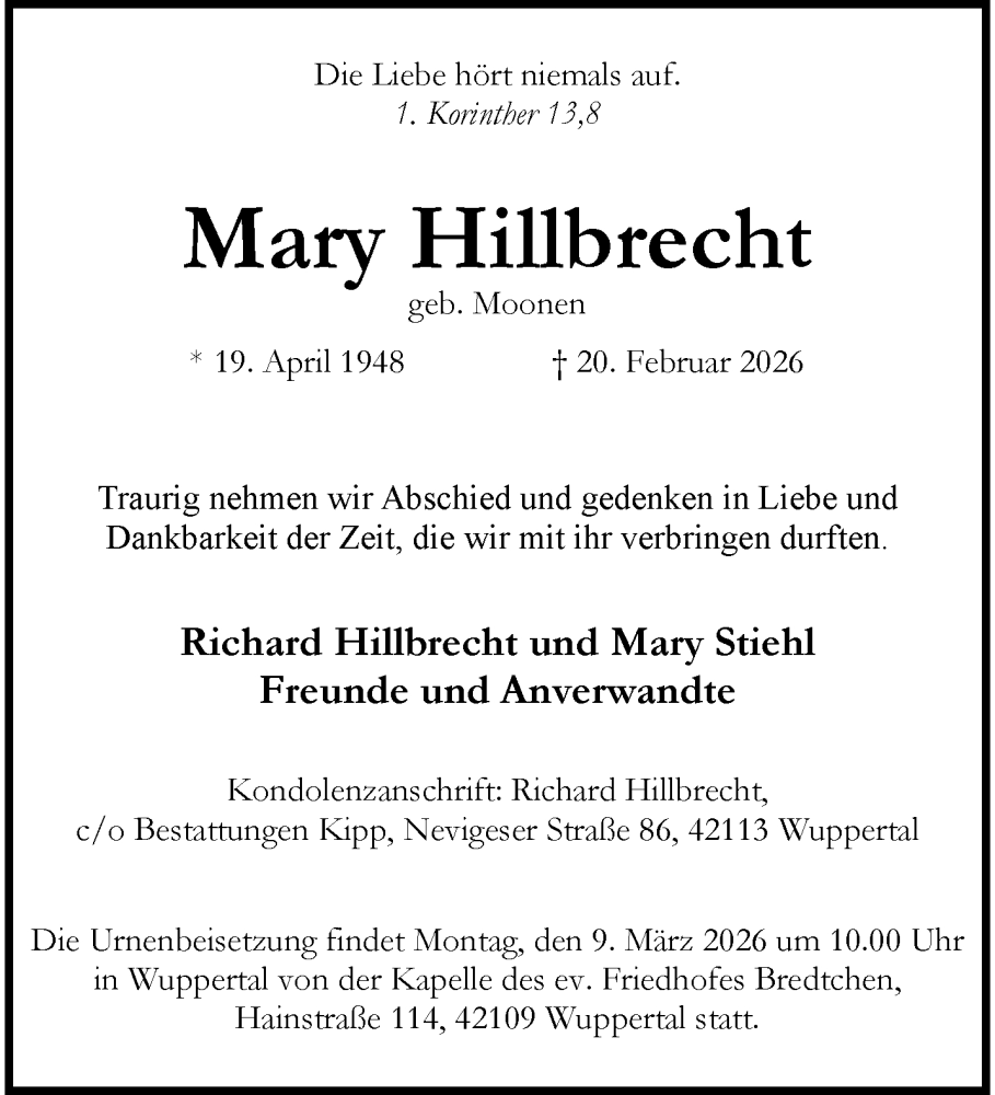  Traueranzeige für Mary Hillbrecht vom 28.02.2026 aus trauer.wuppertaler-rundschau.de