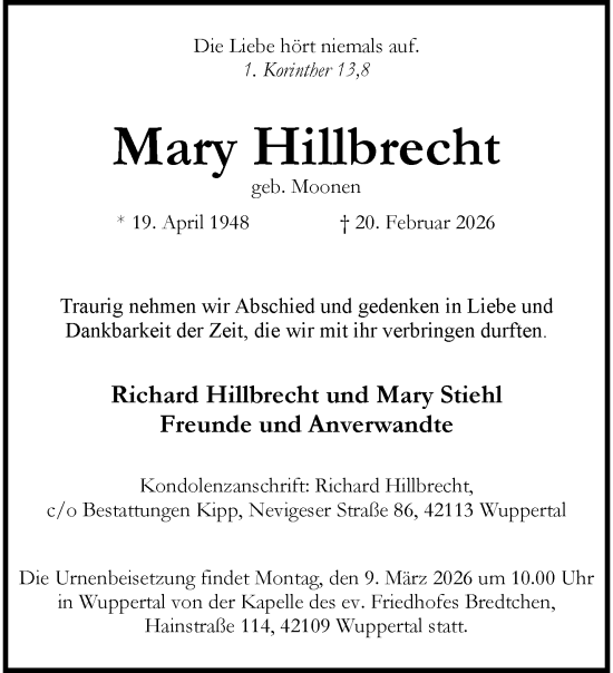 Traueranzeige von Mary Hillbrecht von trauer.wuppertaler-rundschau.de