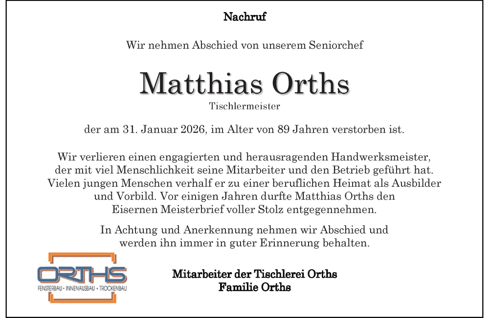  Traueranzeige für Matthias Orths vom 08.02.2026 aus trauer.panorama-anzeigenblatt.de