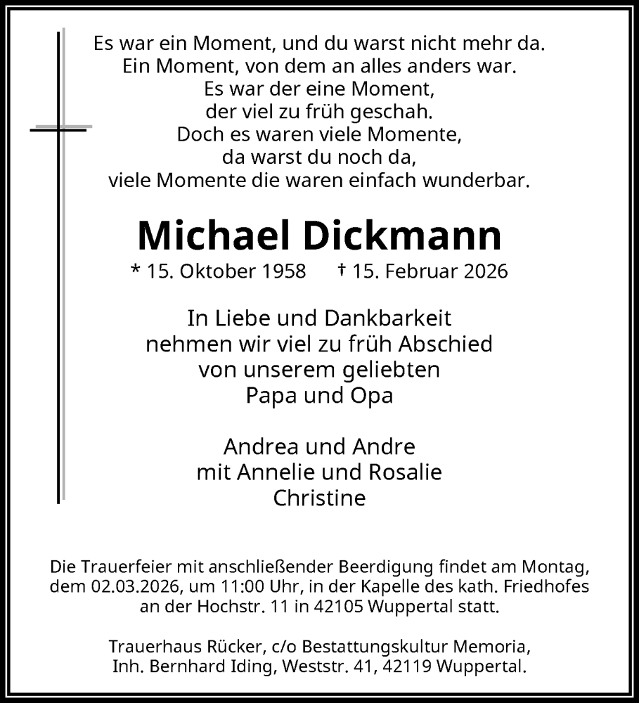  Traueranzeige für Michael Dickmann vom 21.02.2026 aus trauer.wuppertaler-rundschau.de