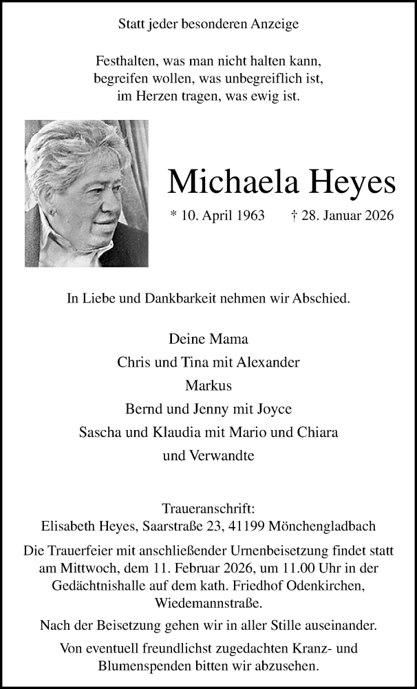  Traueranzeige für Michaela Heyes vom 08.02.2026 aus trauer.panorama-anzeigenblatt.de