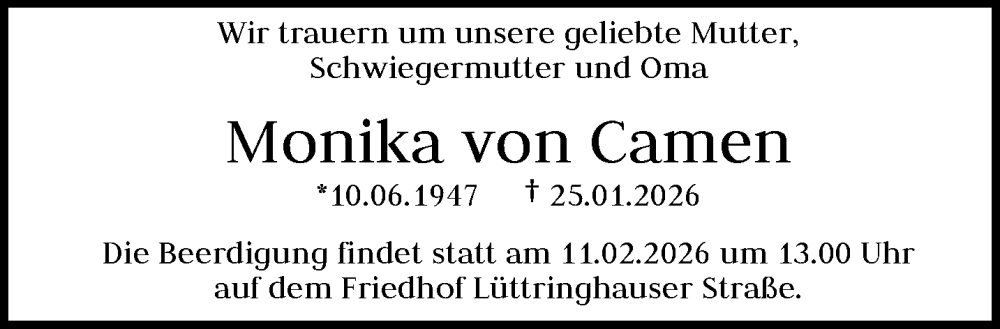  Traueranzeige für Monika von Camen vom 07.02.2026 aus trauer.wuppertaler-rundschau.de