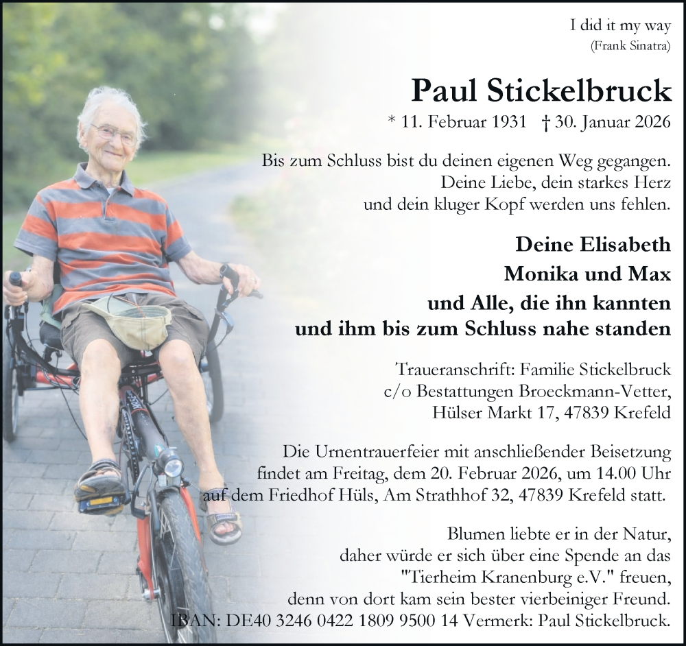  Traueranzeige für Paul Stickelbruck vom 08.02.2026 aus trauer.panorama-anzeigenblatt.de