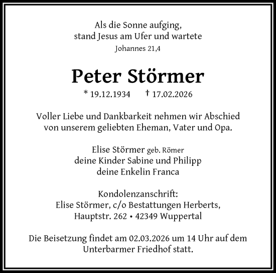 Traueranzeige von Peter Störmer von trauer.wuppertaler-rundschau.de