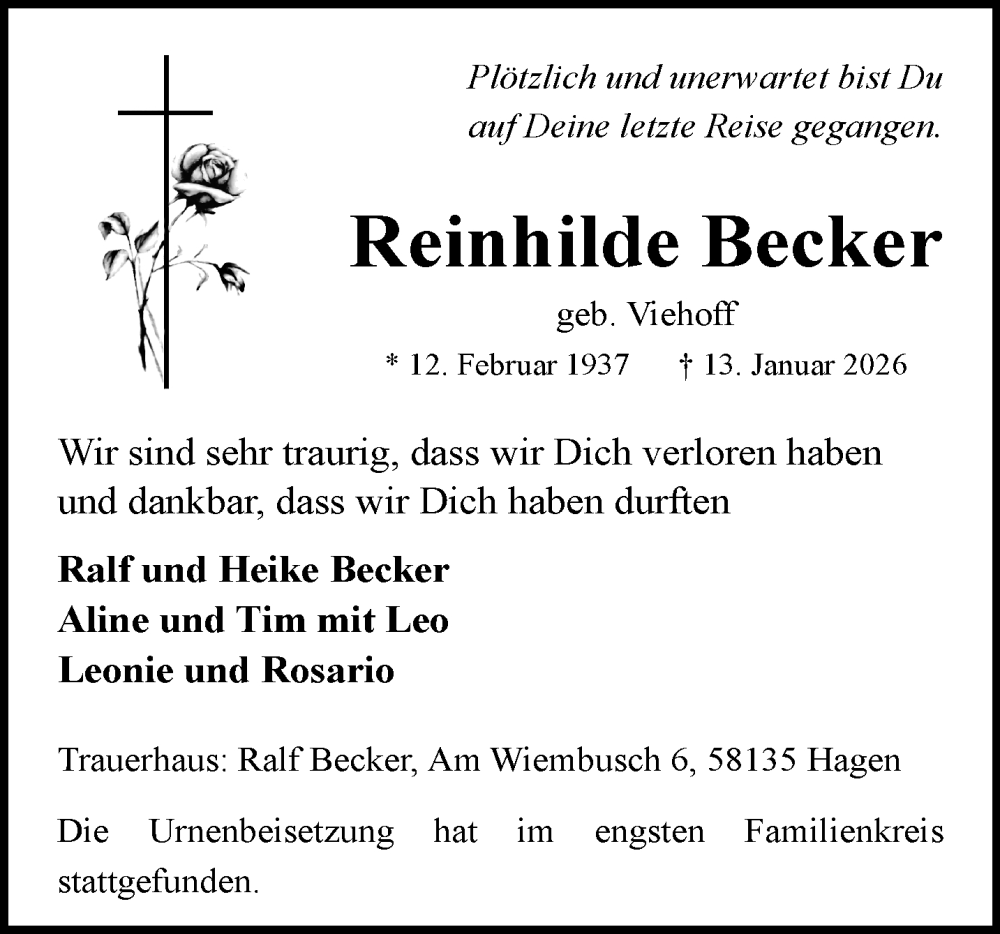  Traueranzeige für Reinhilde Becker vom 07.02.2026 aus trauer.wuppertaler-rundschau.de