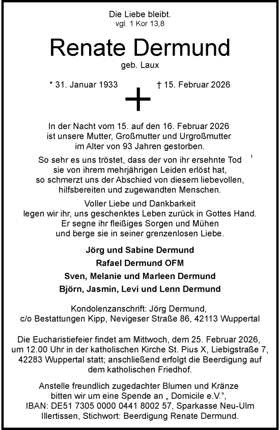 Traueranzeige von Renate Dermund von trauer.wuppertaler-rundschau.de