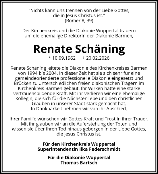 Traueranzeige von Renate Schäning von trauer.wuppertaler-rundschau.de