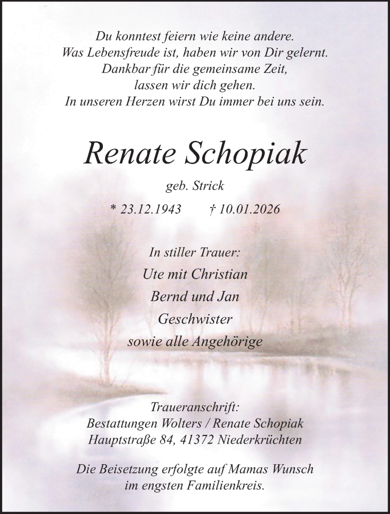  Traueranzeige für Renate Schopiak vom 08.02.2026 aus trauer.panorama-anzeigenblatt.de