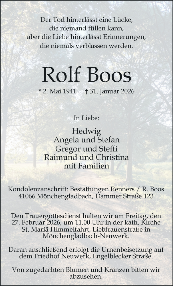  Traueranzeige für Rolf Boos vom 15.02.2026 aus trauer.panorama-anzeigenblatt.de