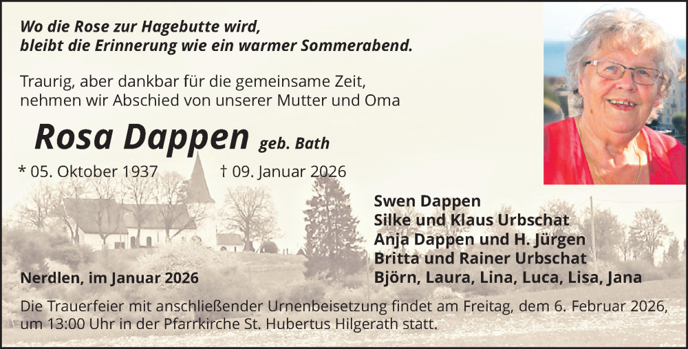  Traueranzeige für Rosa Dappen vom 01.02.2026 aus trauer.panorama-anzeigenblatt.de