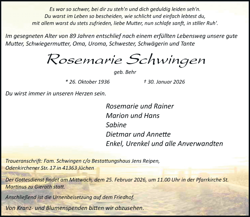  Traueranzeige für Rosemarie Schwingen vom 14.02.2026 aus trauer.stadt-kurier.de