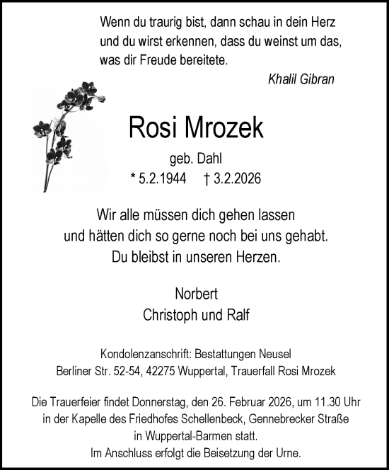 Traueranzeige von Rosi Mrozek von trauer.wuppertaler-rundschau.de