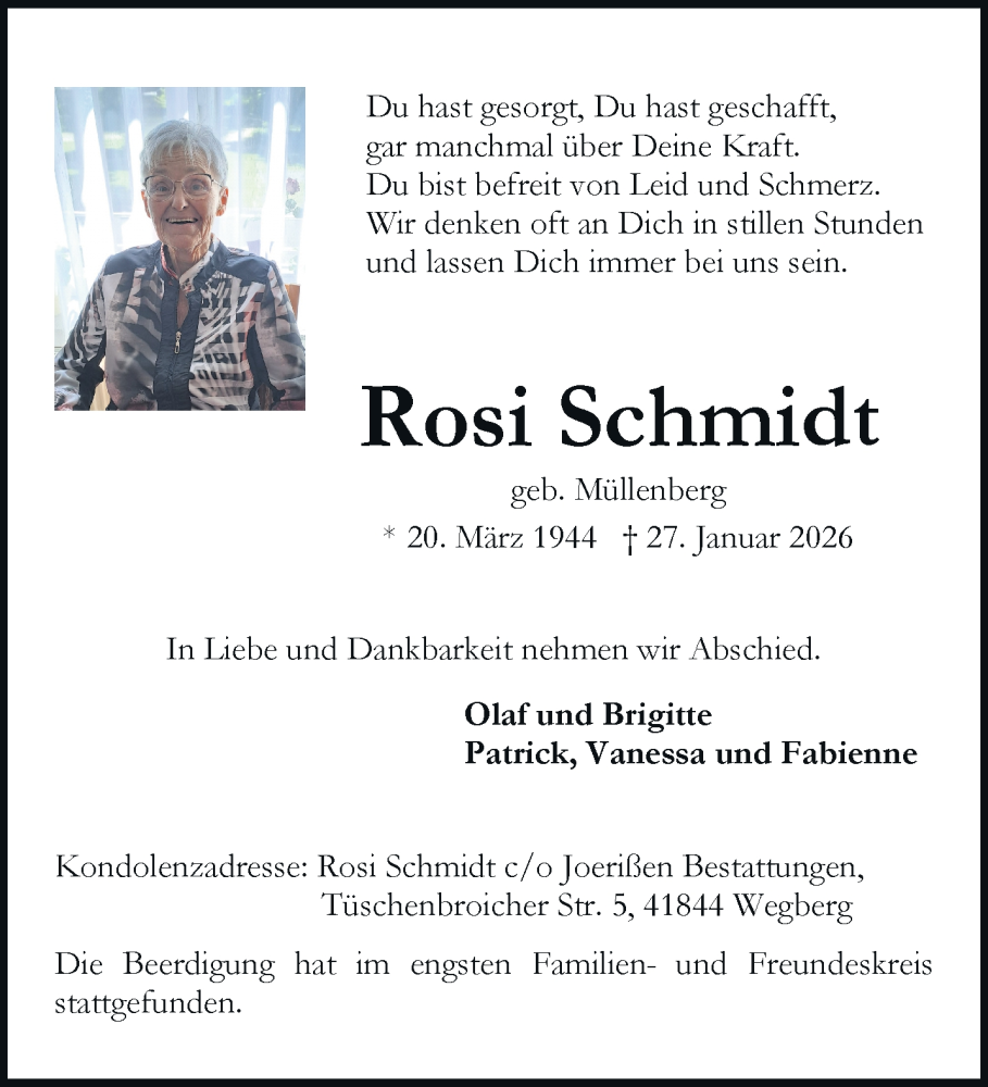  Traueranzeige für Rosi Schmidt vom 15.02.2026 aus trauer.panorama-anzeigenblatt.de