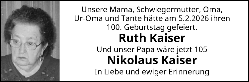  Traueranzeige für Ruth Kaiser vom 07.02.2026 aus trauer.wuppertaler-rundschau.de