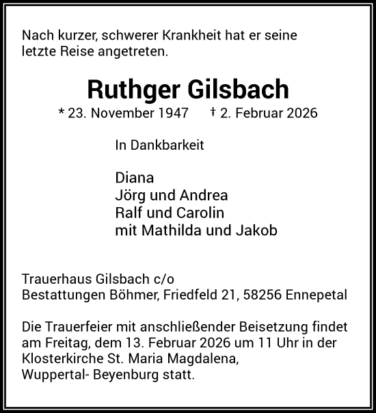 Traueranzeige von Ruthger Gilsbach von trauer.wuppertaler-rundschau.de
