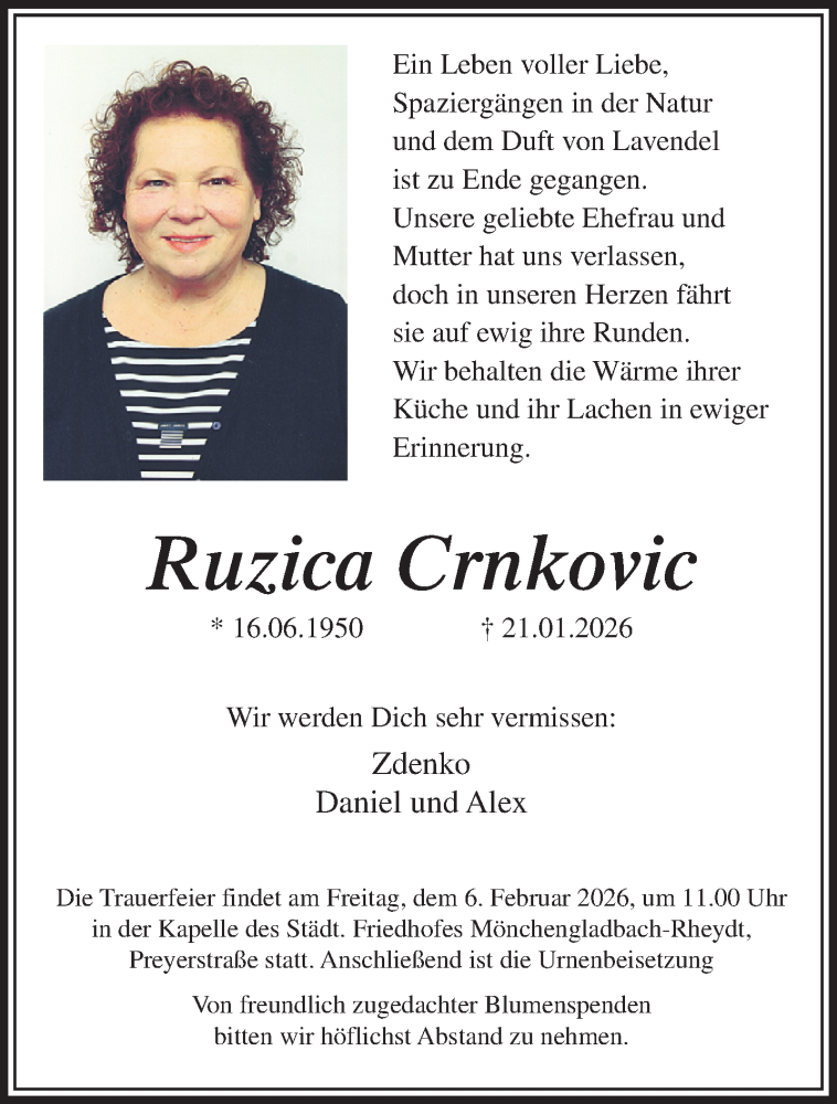  Traueranzeige für Ruzica Crnkovic vom 01.02.2026 aus trauer.panorama-anzeigenblatt.de
