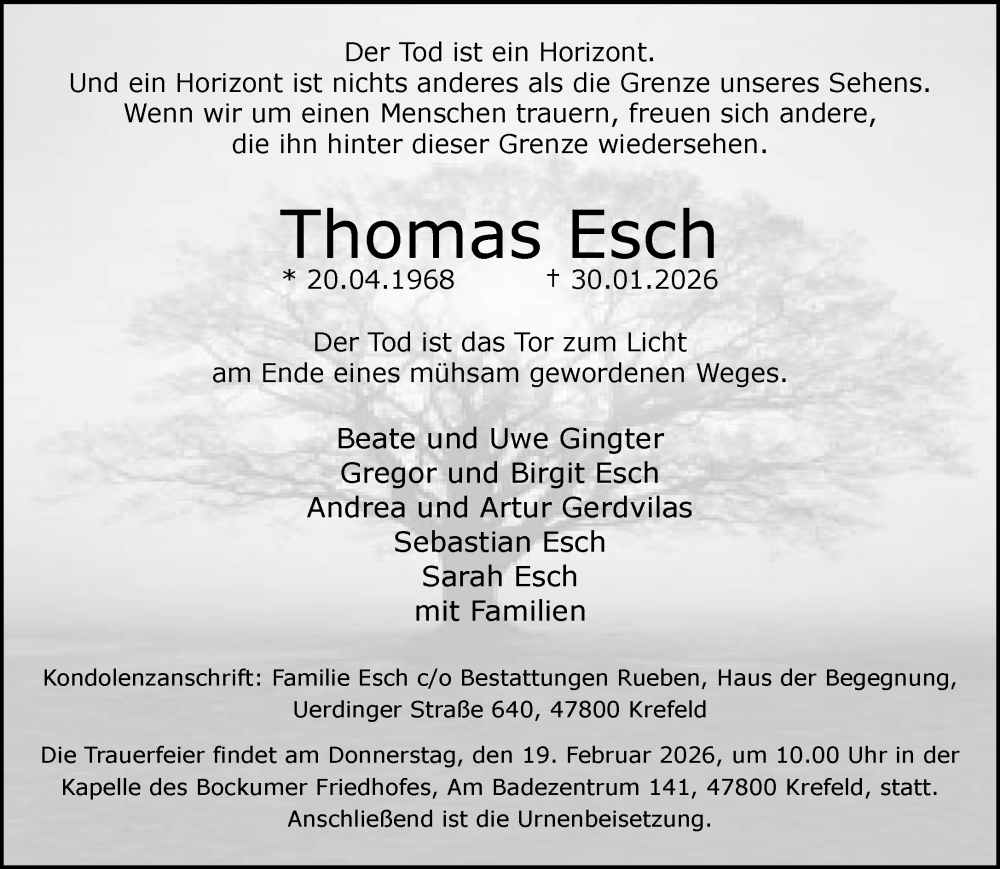  Traueranzeige für Thomas Esch vom 15.02.2026 aus trauer.panorama-anzeigenblatt.de