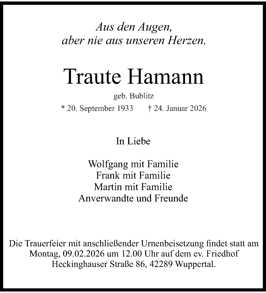  Traueranzeige für Traute Hamann vom 07.02.2026 aus trauer.wuppertaler-rundschau.de