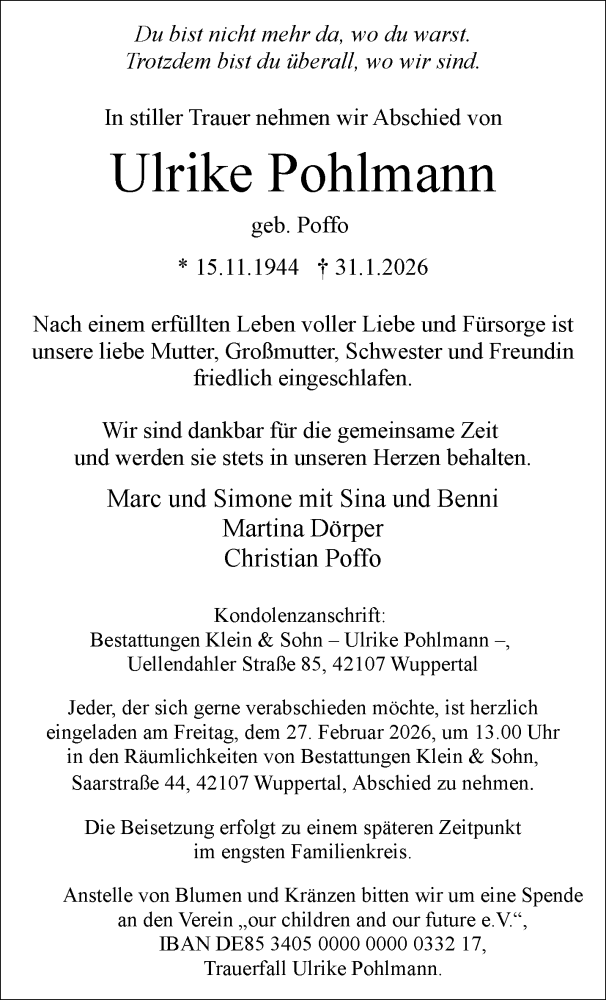  Traueranzeige für Ulrike Pohlmann vom 14.02.2026 aus trauer.wuppertaler-rundschau.de