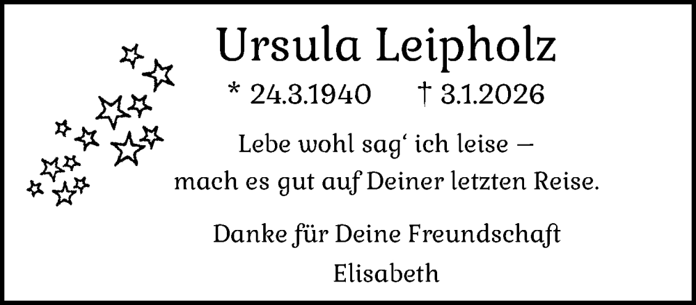  Traueranzeige für Ursula Leipholz vom 08.02.2026 aus trauer.panorama-anzeigenblatt.de
