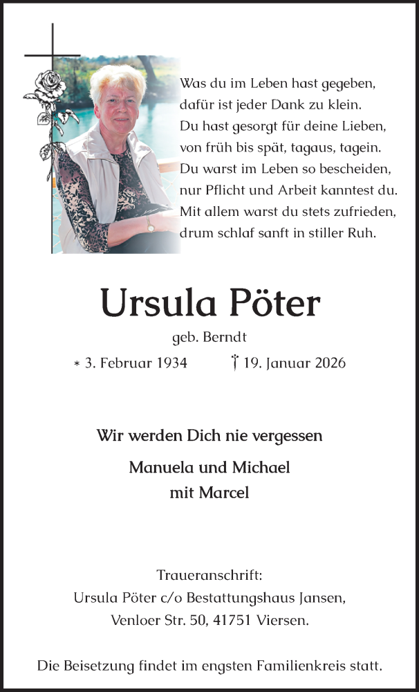  Traueranzeige für Ursula Pöter vom 01.02.2026 aus trauer.panorama-anzeigenblatt.de