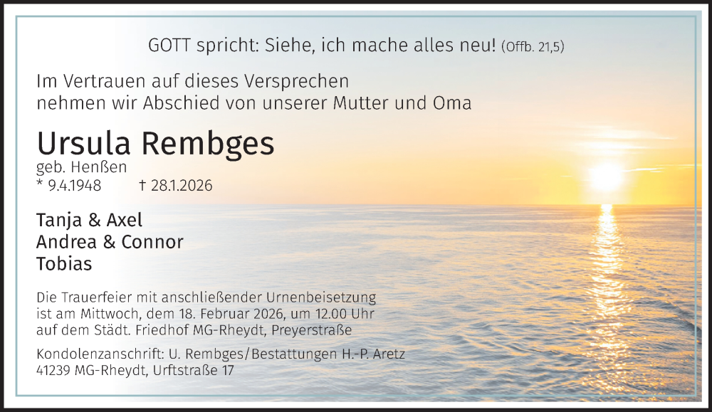  Traueranzeige für Ursula Rembges vom 08.02.2026 aus trauer.panorama-anzeigenblatt.de