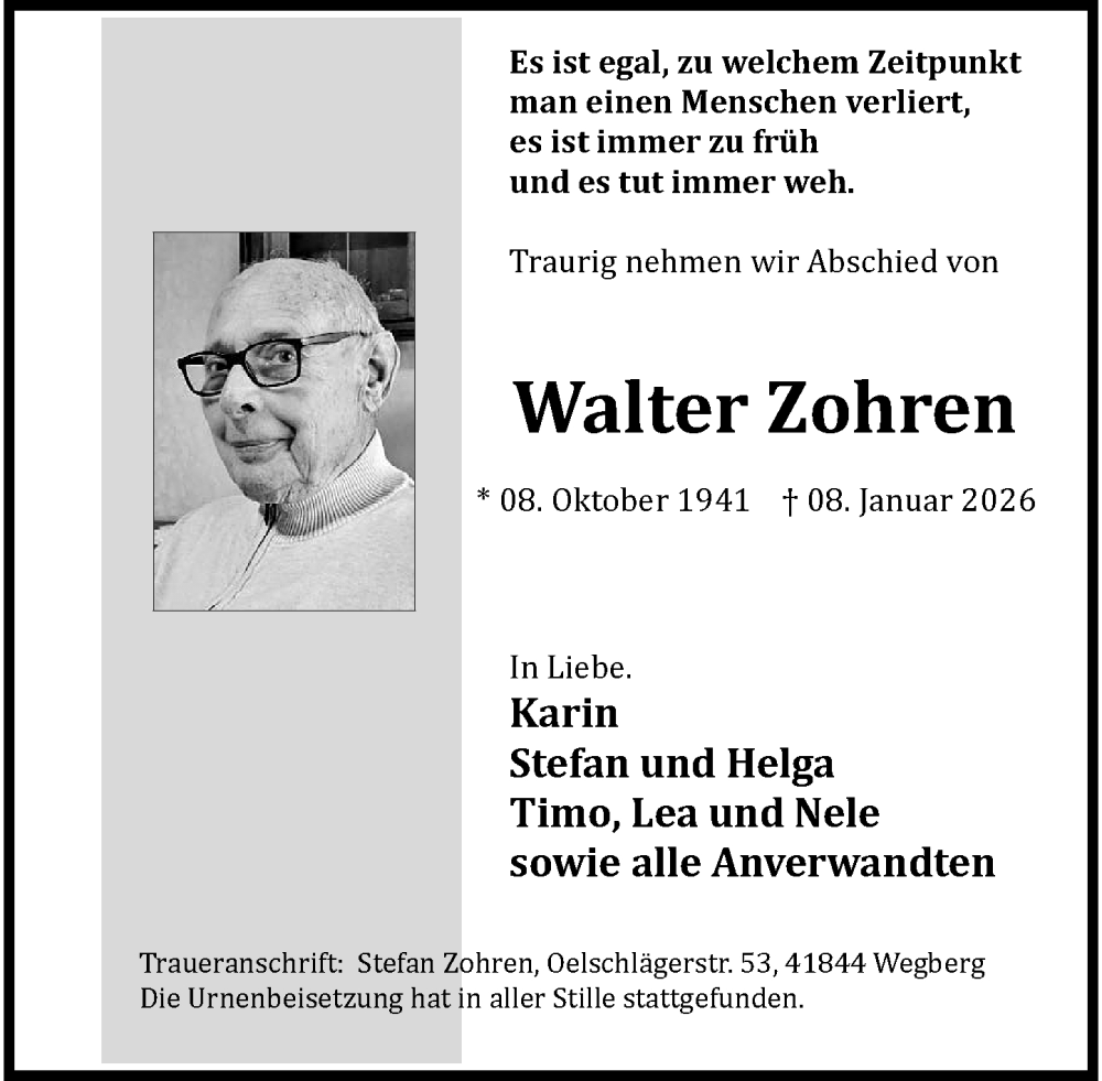  Traueranzeige für Walter Zohren vom 08.02.2026 aus trauer.panorama-anzeigenblatt.de