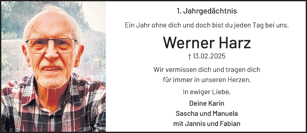  Traueranzeige für Werner Harz vom 08.02.2026 aus trauer.panorama-anzeigenblatt.de