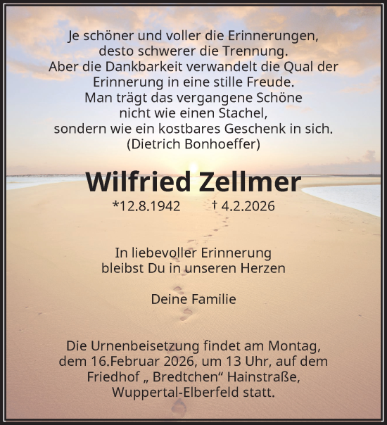 Traueranzeige von Wilfried Zellmer von trauer.wuppertaler-rundschau.de