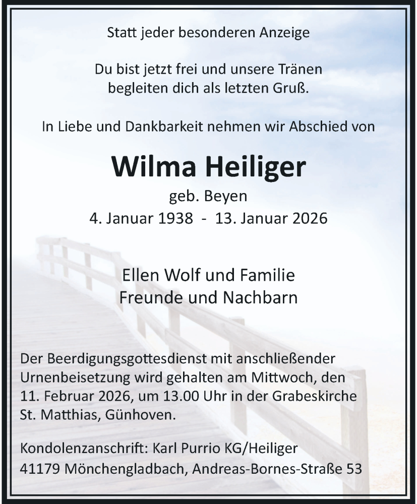  Traueranzeige für Wilma Heiliger vom 01.02.2026 aus trauer.panorama-anzeigenblatt.de