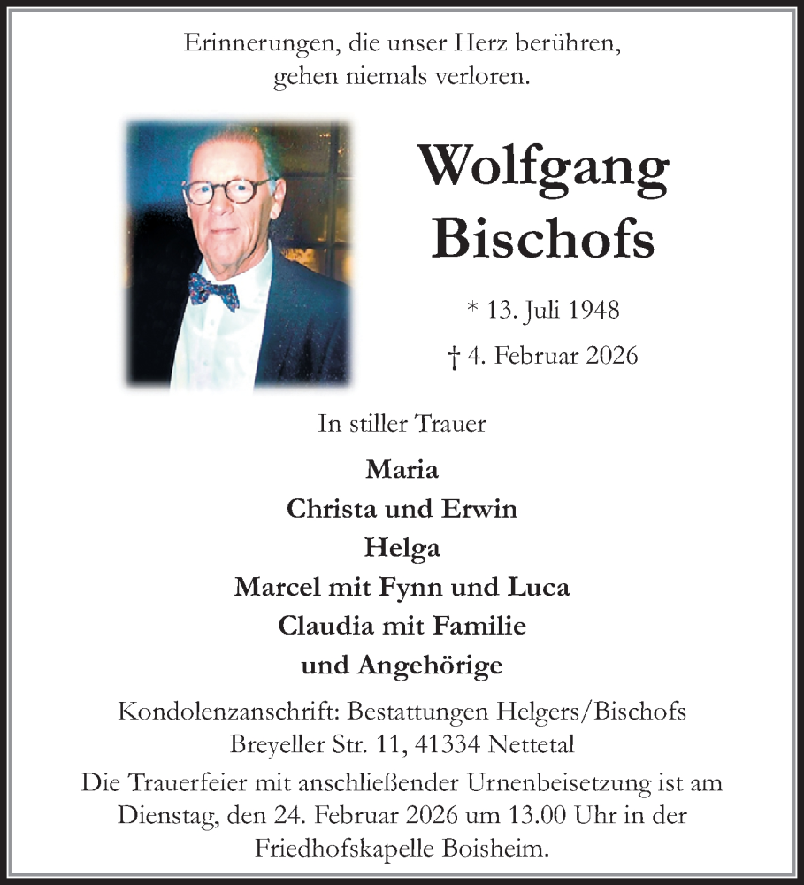  Traueranzeige für Wolfgang Bischofs vom 08.02.2026 aus trauer.panorama-anzeigenblatt.de