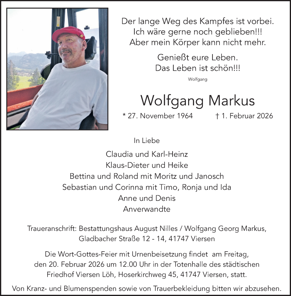  Traueranzeige für Wolfgang Georg Markus vom 08.02.2026 aus trauer.panorama-anzeigenblatt.de
